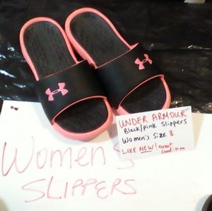 Women’s 8).Black/pink “UNDER ARMOUR” slides